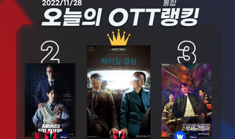 [오늘의 OTT 통합 랭킹] 11월 28일 – ‘헤어질 결심’ 마침내 1위